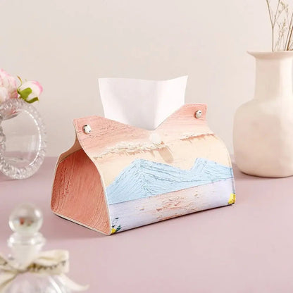 Aesthetic Leather Pink Tissue Case Large Storage Oil Painting Paper Towel Box Creative Durable Napkin Holder Home - ADFIRE