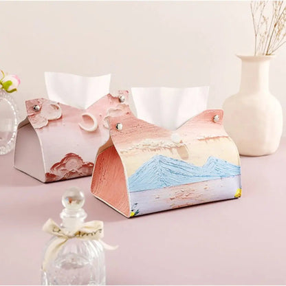 Aesthetic Leather Pink Tissue Case Large Storage Oil Painting Paper Towel Box Creative Durable Napkin Holder Home - ADFIRE